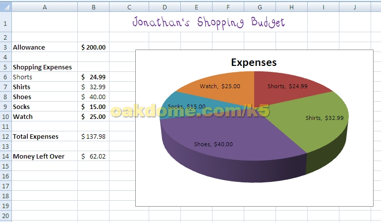 Excel Shopping Budget with Chart