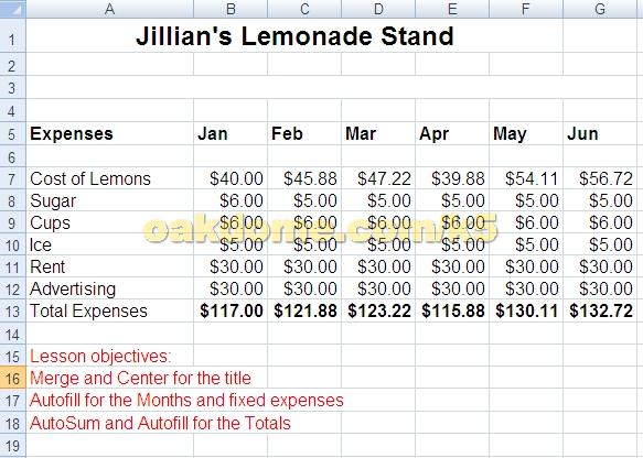 Lemonade Stand Excel Chart