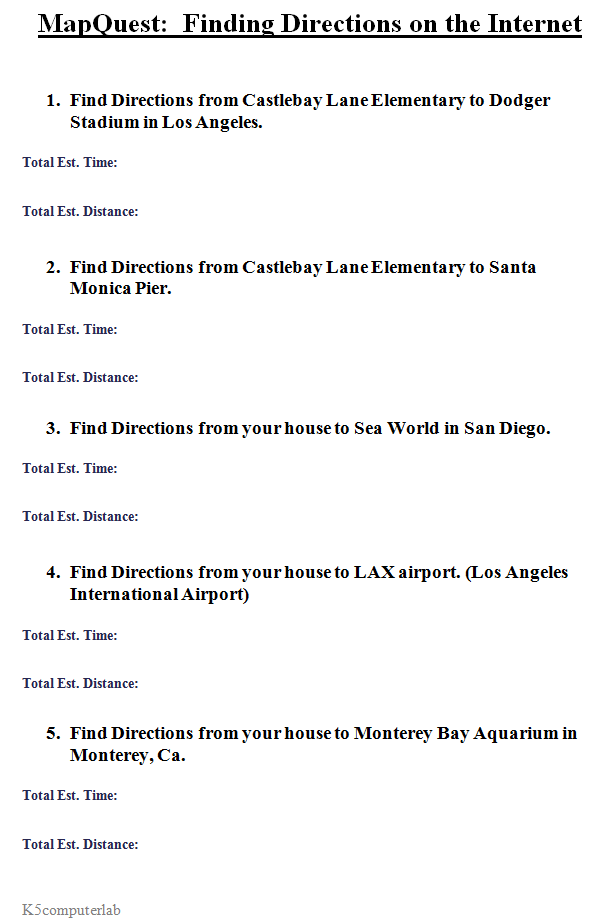 Mapquest activity handout