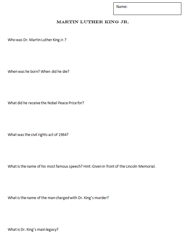 Martin Luther King Research Activity 4th and 5th grade