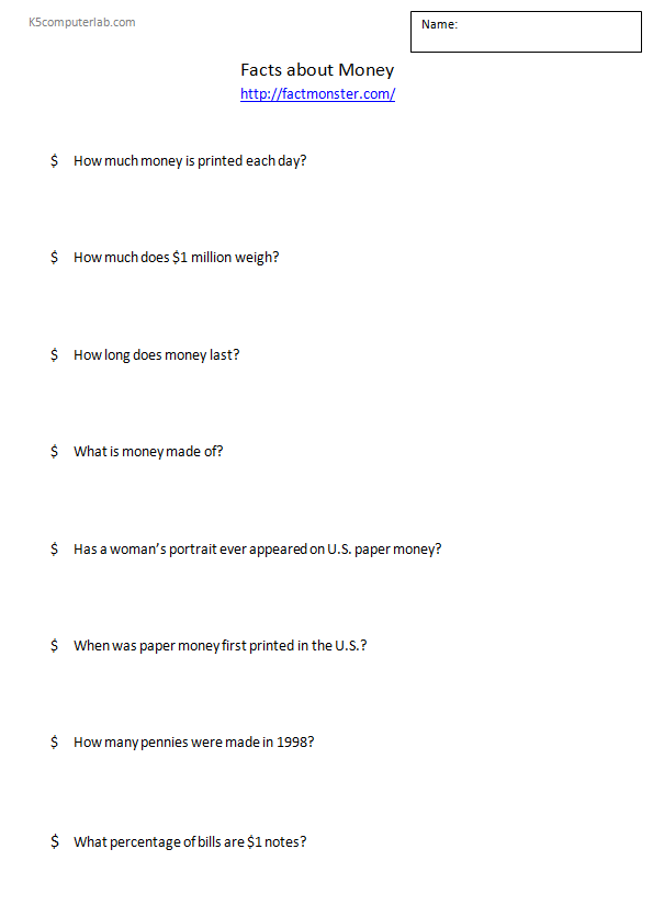  facts about money research sheet