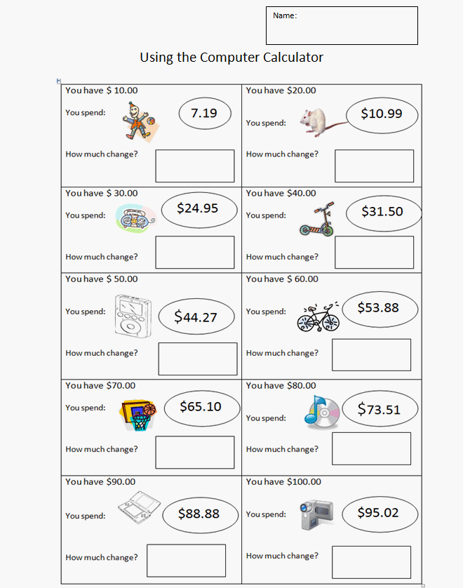 Money Subtraction Sheet