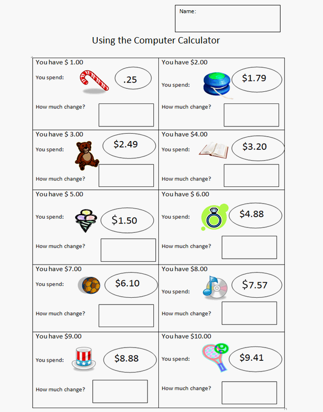 Money Subtraction Sheet