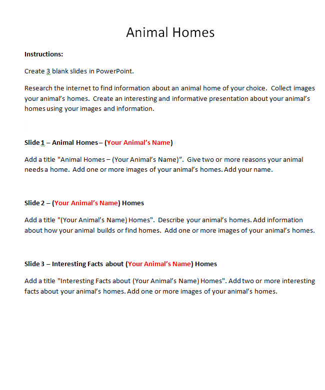 Animal Homes Student Handout