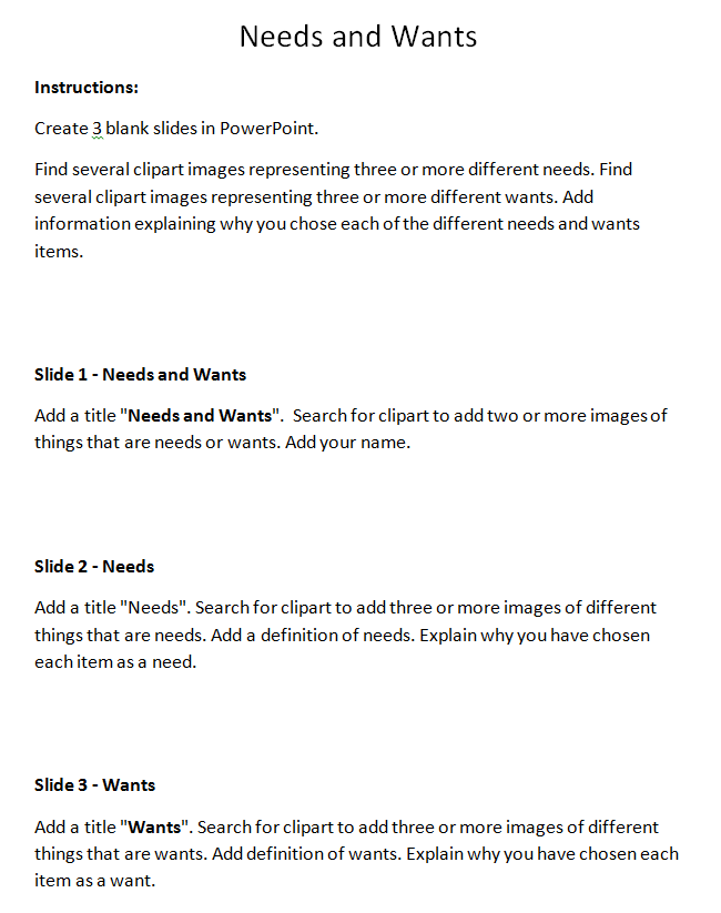 Needs and Wants Student Handout