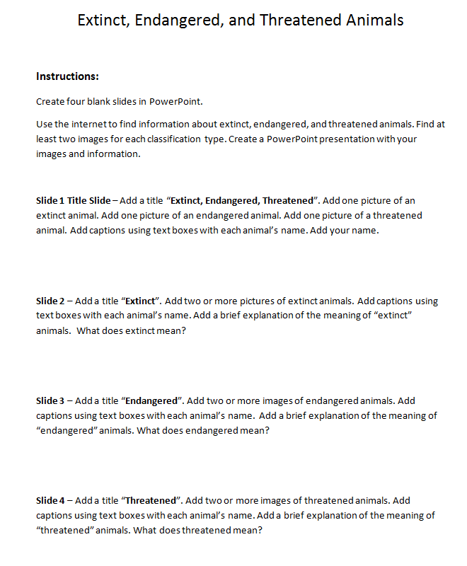 extinct, endangered, threated student handout