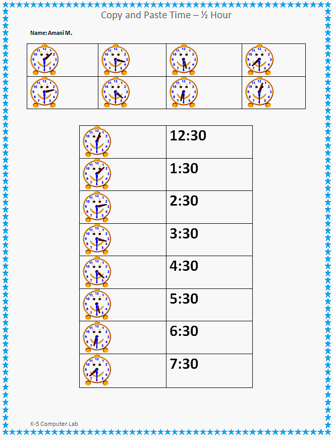Copy and Past Time - Half Hours Finished Example