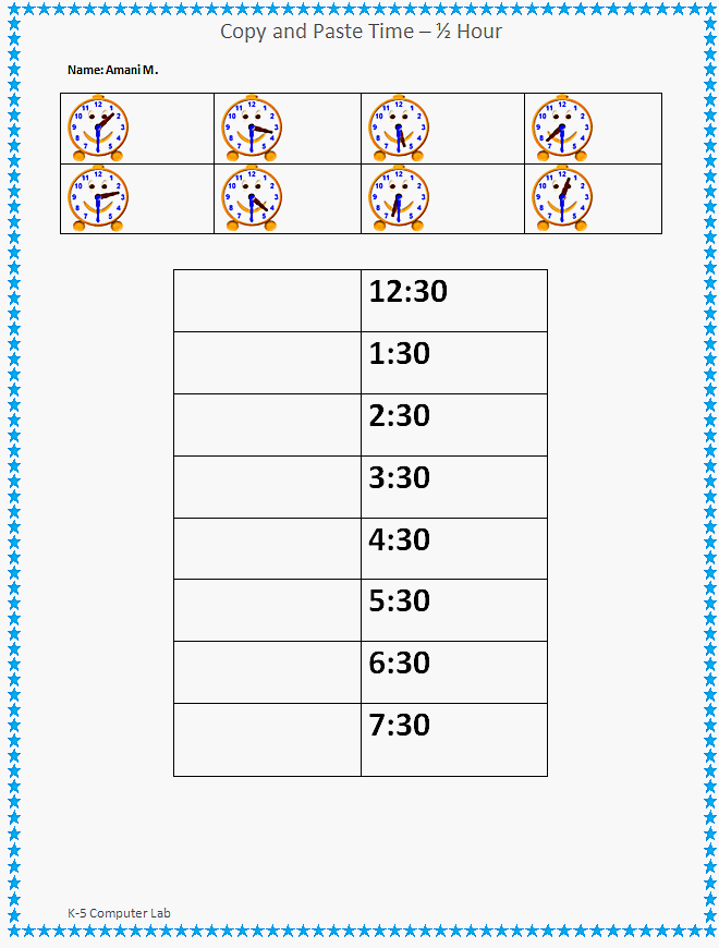 Copy and Paste Time - Half Hours Worksheet