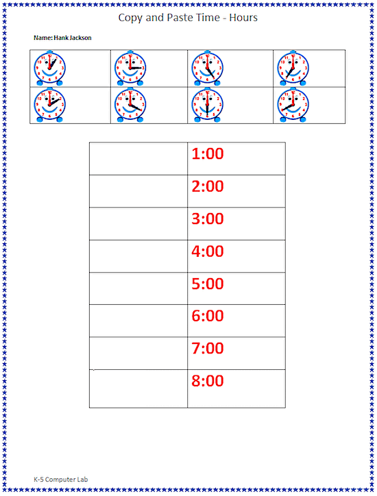 Copy and Paste Hours - Activity Sheet