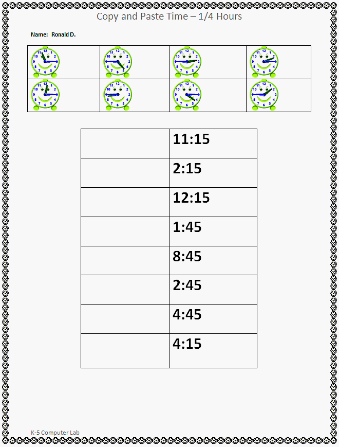 Copy and Paste Time - 15 Minute Intervals - Worksheet
