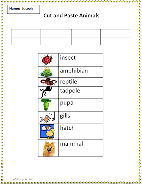 Cut and Paste Animal Vocabulary worksheet