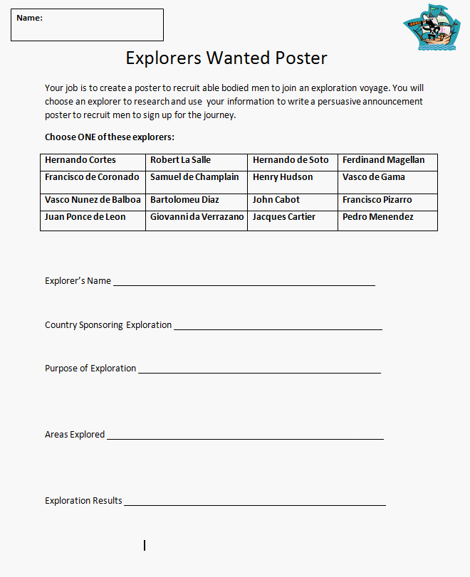 Explorers Wanted Poster Student Handout