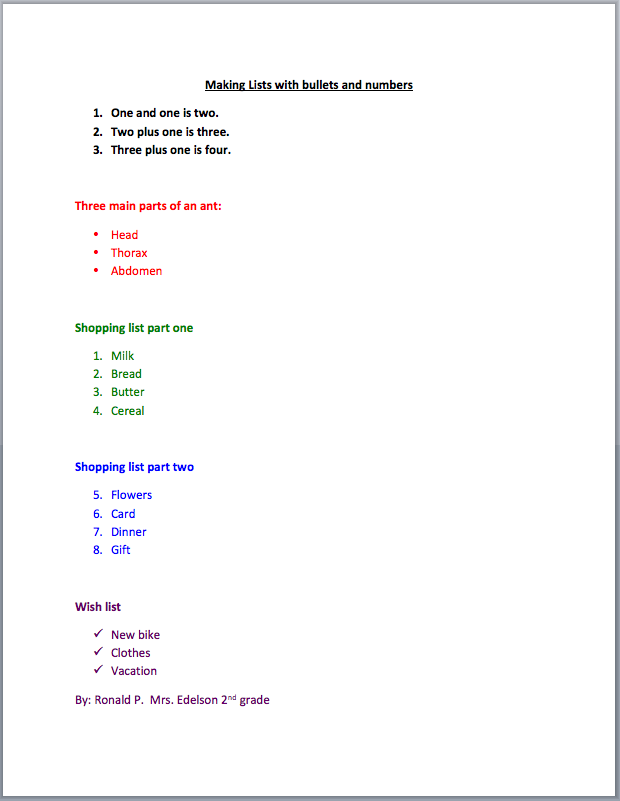 Making Lists With Bullets and Numbers Activity