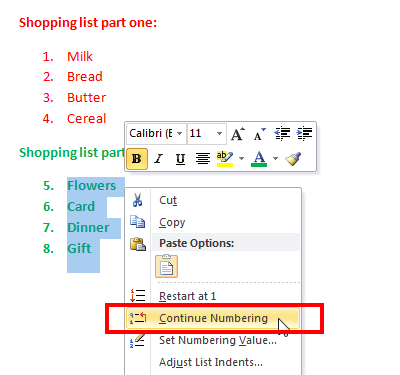 continued numbering ordered list