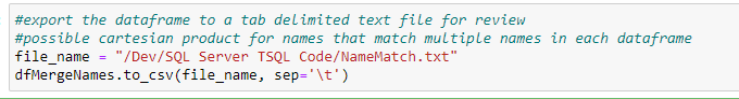 Dataframe with matched names in Tab delimited file for review