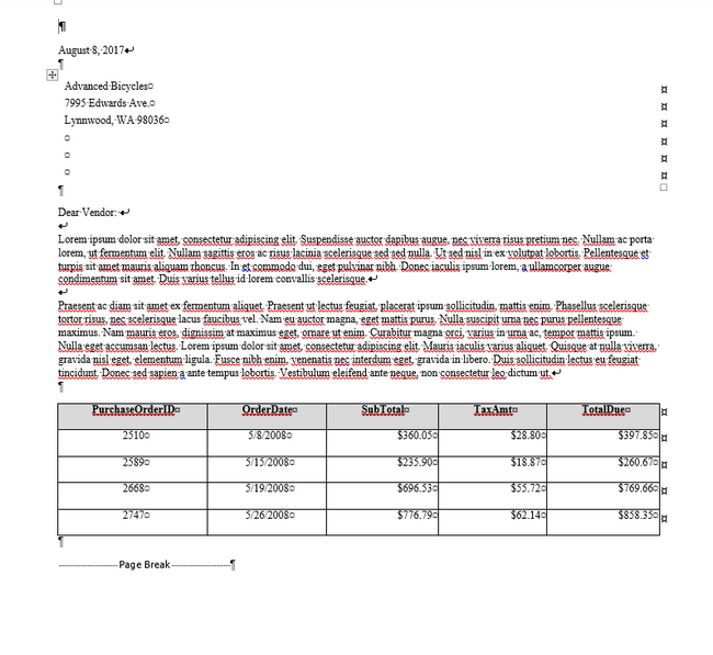 Mail Merge Document Letter with 4 data rows