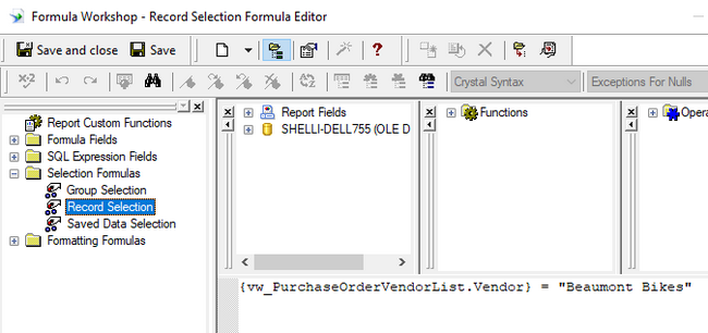 Record Selection Formula Editor