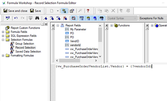 Record Selection Formula Editor