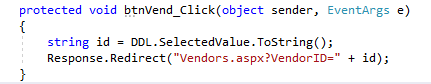 Code for DropDownList to create Redirect to CrystalReports web page with QueryString variable