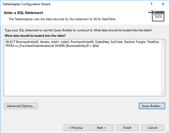 SQL Statement Window with complete query including Where filter clause