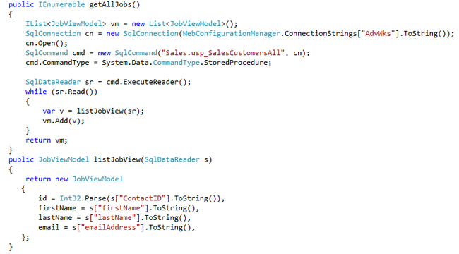 Data Layer code to retrieve data from SQL Server