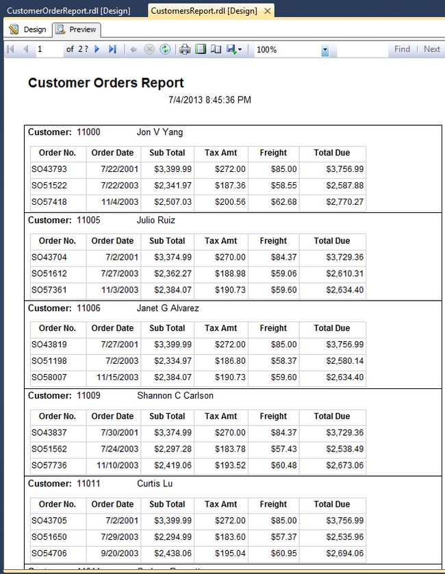 SSRS Report Preview